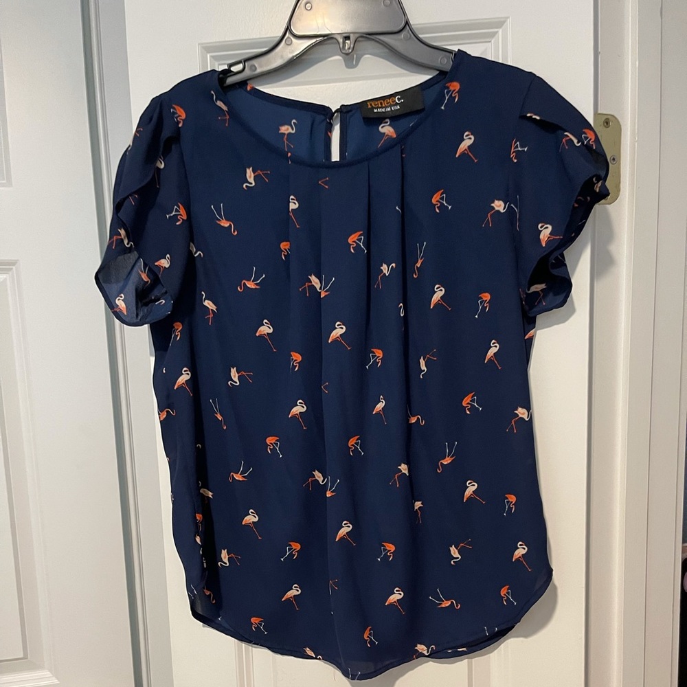 Navy Flamingo blouse with flutter sleeves